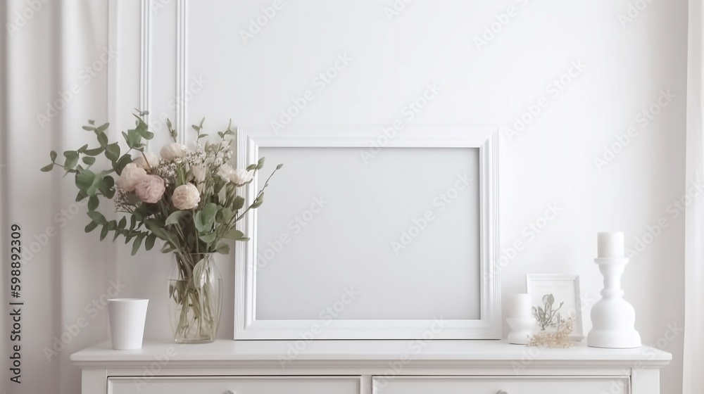White photo frame mockup on the chest of drawers. 3d render - obrazy, fototapety, plakaty 