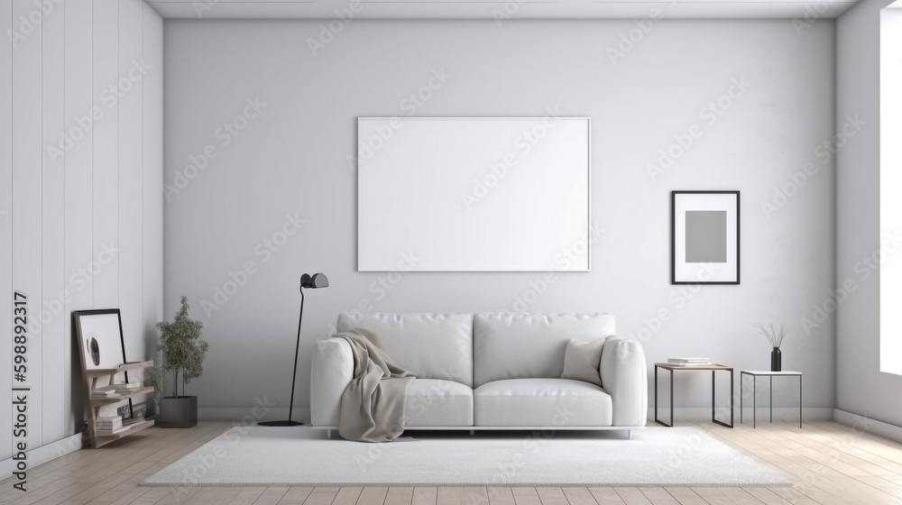 Interior of modern living room with white sofa and mock up poster on wall. 3D rendering Interior of modern living room with white sofa and mock up poster on wall. 3D rendering