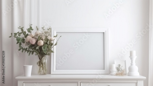 White photo frame mockup on the chest of drawers. 3d render