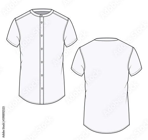 Short sleeve shirt with mandarin collar, button closure front and back view vector template