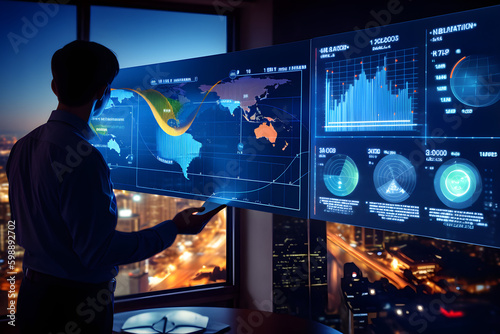 Business finance data analytics graph. Advisor using KPI Dashboard on virtual screen. Financial management technology.