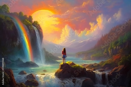  Colorful girl art, Couple art, Beautiful art, nature, Waterfall, cloud. Generative AI