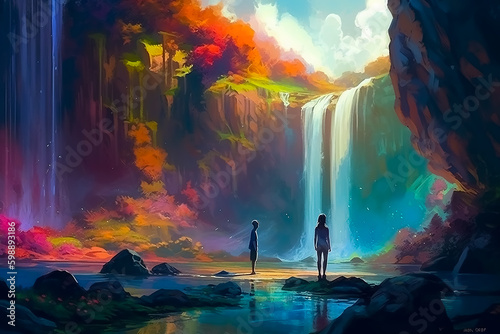  Colorful girl art, Couple art, Beautiful art, nature, Waterfall, cloud. Generative AI