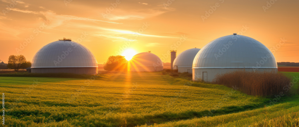 Biodigester facility with dome-shaped structures surrounded by farmland, generative ai