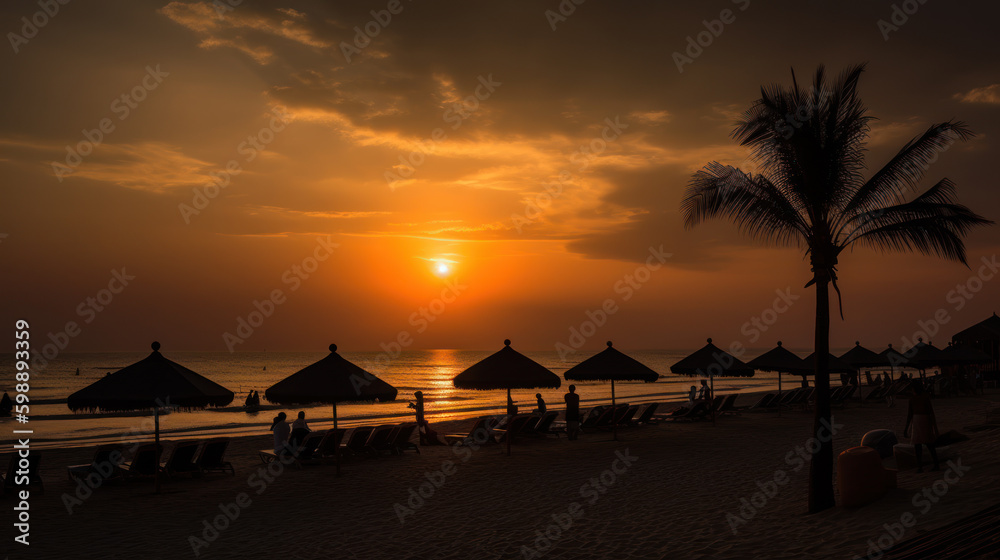 Breathtaking beach sunset with people enjoying last sun rays by straw umbrellas and palm trees, generative ai Breathtaking beach sunset with people enjoying last sun rays by straw umbrellas and palm trees, generative ai