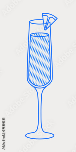 Mimosa cocktail with peace of orange. Line art, retro. Vector illustration for bars, cafes, and restaurants.