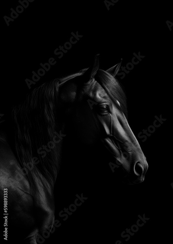 Black and white low key fine art portrait of a horse  generative ai