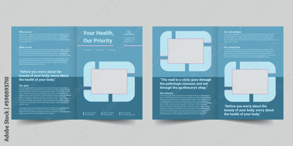 Clinic bifold brochure template. A clean, modern, and high-quality design bifold brochure vector design. Editable and customize template brochure