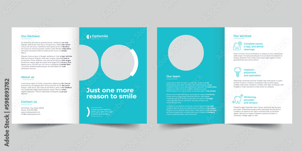 Dental Clinic bifold brochure template. A clean, modern, and high-quality design bifold brochure vector design. Editable and customize template brochure