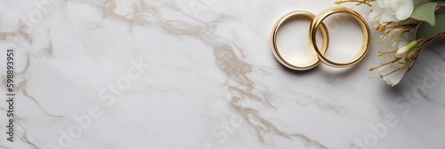 wedding composition with two gold wedding rings Generative AI