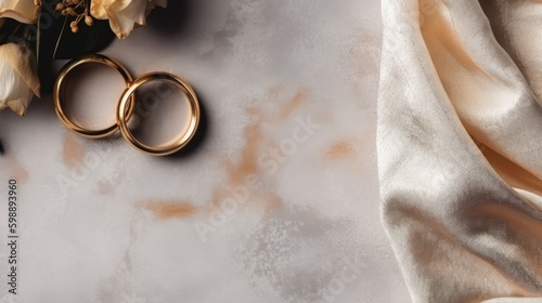 wedding composition with two gold wedding rings Generative AI