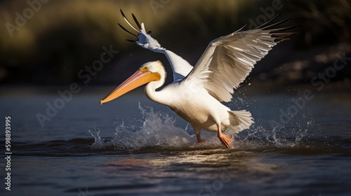 White pelican in flight catching the fish Generative AI