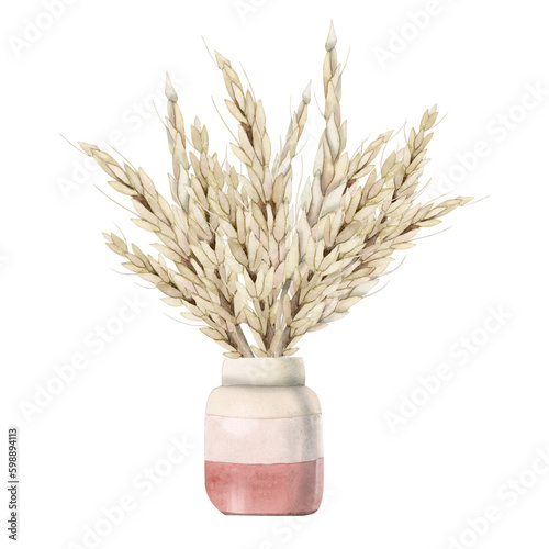 Watercolor rural wheat ears bouquet in pink ceramic vase illustration isolated on white, harvest composition in pastel beige colors for Shavuot Jewish holiday, eco friendly designs