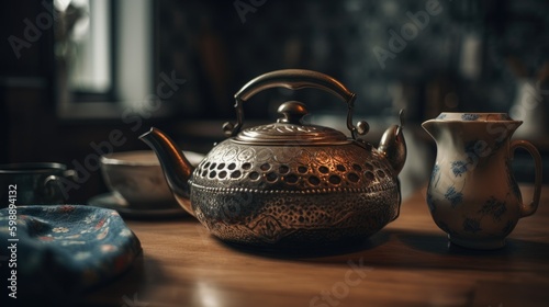 Vintage teapot on kitchen Generative AI