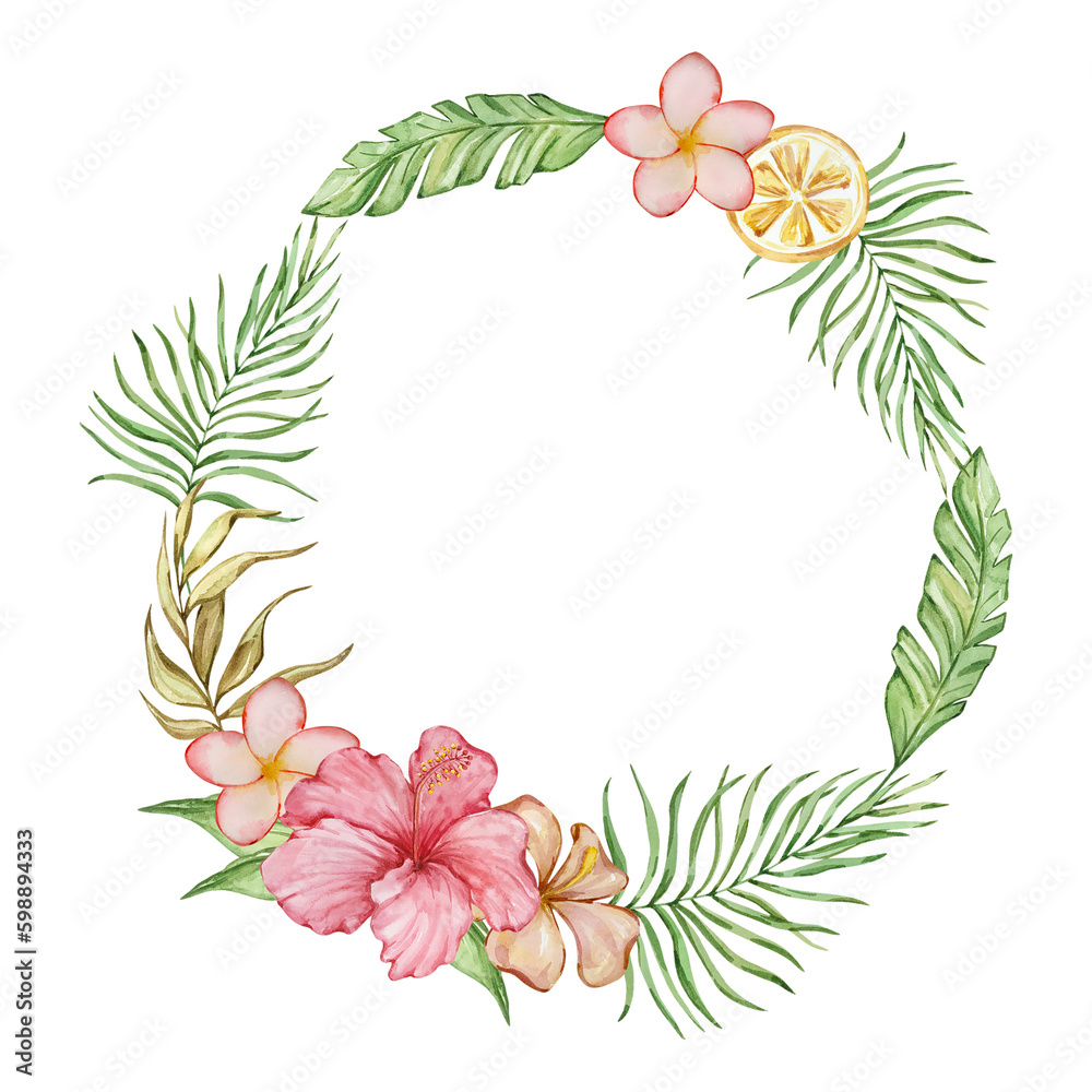 Wreath of watercolor tropical flowers and leaves