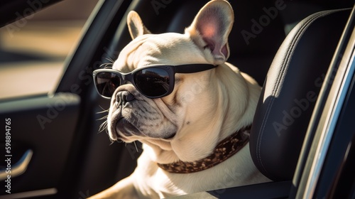 A dog in sunglasses sits in a car  sunny day. Generative AI