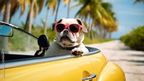 A dog in sunglasses sits in a car, sunny day. Generative AI © BraveSpirit