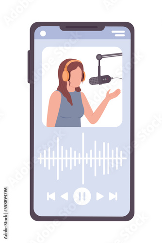 Playing podcast episode on smartphone semi flat color vector device screen. Editable icon. Full sized element on white. Simple cartoon style spot illustration for web graphic design and animation