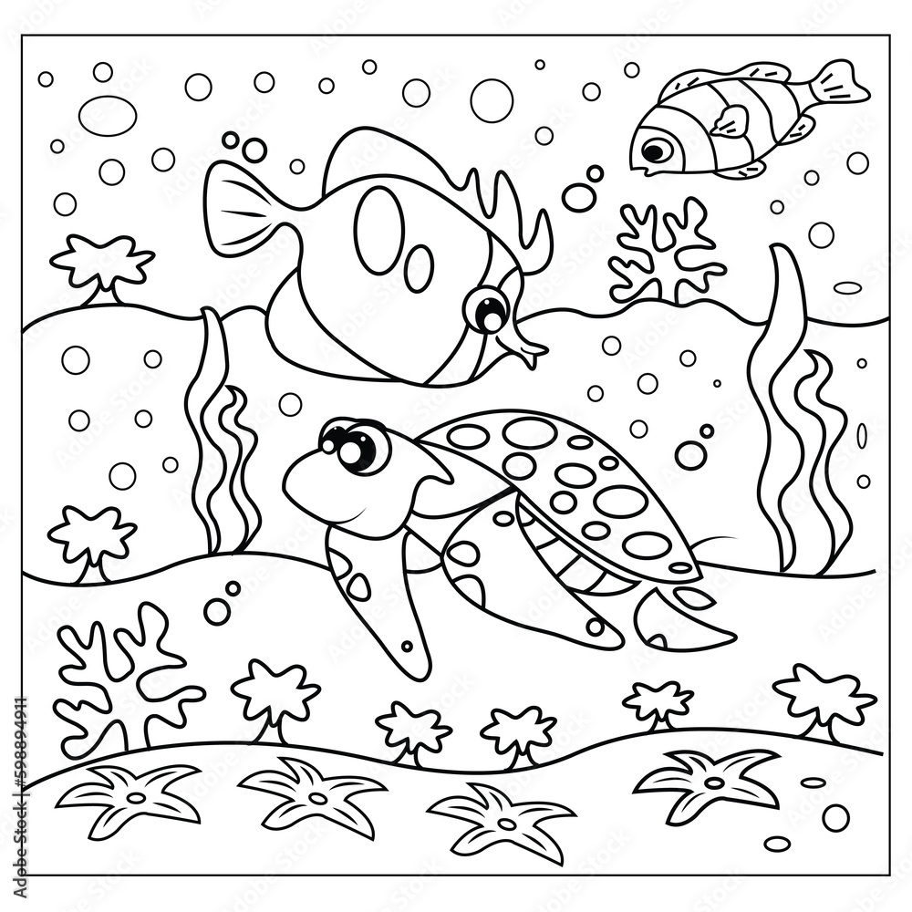 Fototapeta premium Vector sea life coloring page for kids and adult illustration art