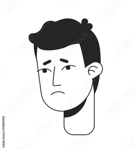 Young man feeling downhearted flat line monochromatic vector character head. Pessimistic mood. Editable outline avatar icon. 2D cartoon line spot illustration for web graphic design, animation