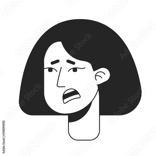 Young woman feeling offended flat line monochromatic vector character head. Negative surprise. Editable outline avatar icon. 2D cartoon line spot illustration for web graphic design, animation