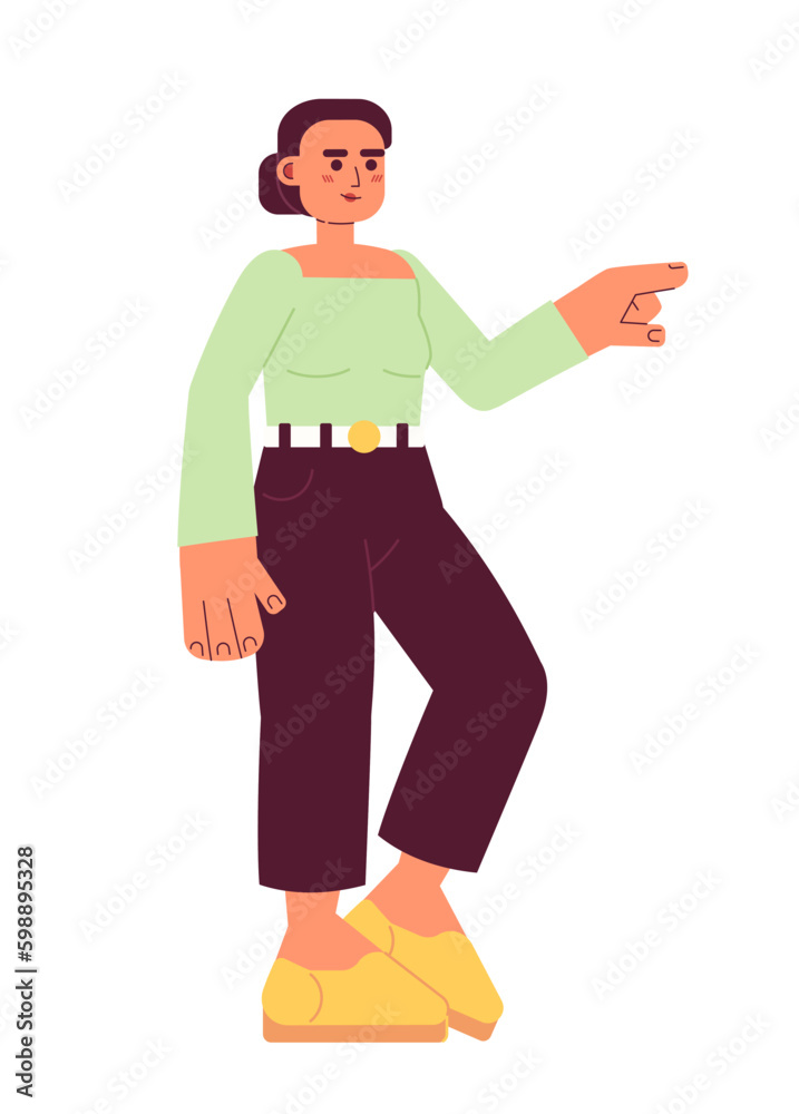Smiling woman pointing with index finger semi flat colorful vector character. Show direction. Editable full body person on white. Simple cartoon spot illustration for web graphic design and animation