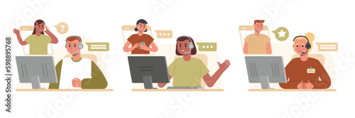 Online support, help desk. Set of vector pictures about work of call center operators