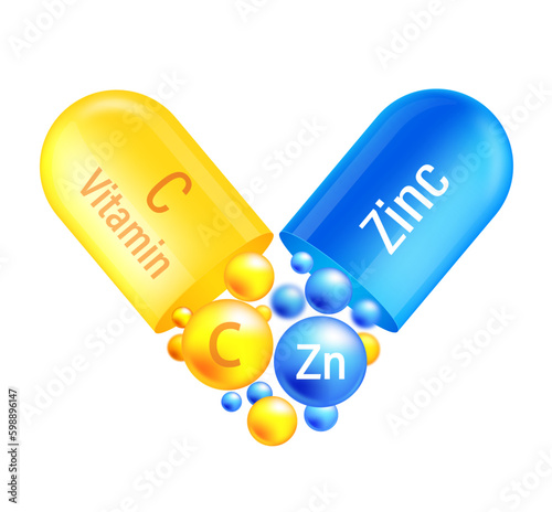 Vitamin complex Zink and vitamin C. Yelllow capsule and blue with vitamin C and mineral of zink on white background. Vector illustration
