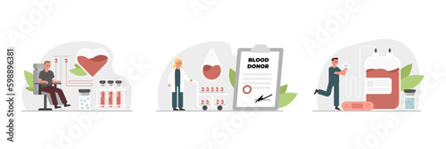 Blood donation. Set of pictures with characters about blood transfusion