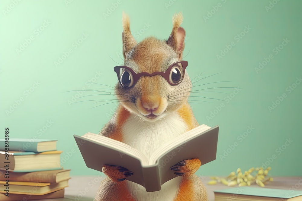 Squirrel Smiling Bookworm. Character Wearing Glasses And Reading A Book. Illustration Part Of Animals In Library Collection. Generative AI