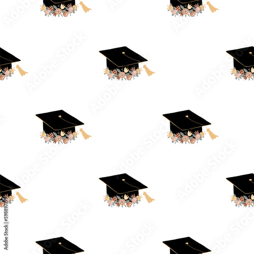 Cute graduation cap decorated with doodle flower wreath, seamless pattern. Mortarboard, high education and graduation symbol. Vector illustration