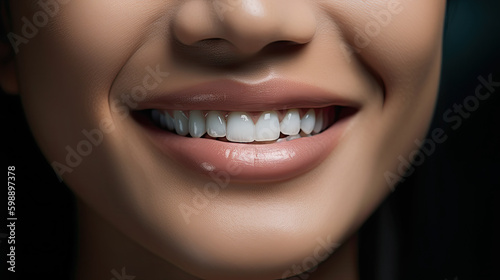 Smiling mouth of a woman with perfect teeth. Generative AI