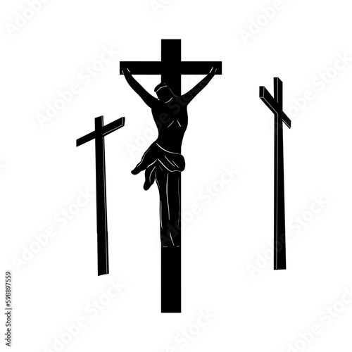 Biblical vector illustration. Jesus Christ on the cross. Three crosses. Calvary