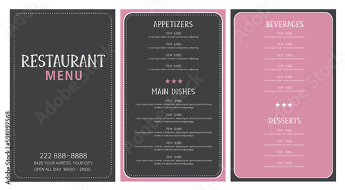Restaurant menu design layout pink and dark grey