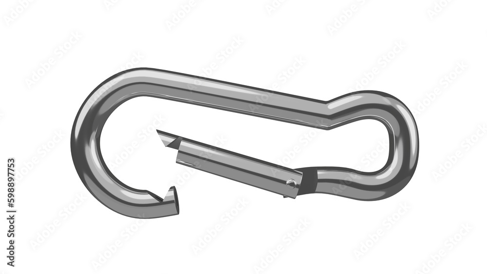 Opened metal carabin isolated on transparent background. Minimal concept. 3D render Opened metal carabin isolated on transparent background. Minimal concept. 3D render