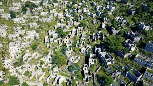 Kayaköy, One of the Most Beautiful Settlements in Fethiye. This Is a Greek Village Built on the Settlement of the Lycian Civilization. Drone Camera Soars Over Town.