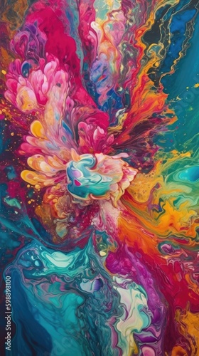 explosion fluid art that breaks down an abstract photograph composition, with vibrant colors, shades of pink, blue, purple, and yellow © ktianngoen0128