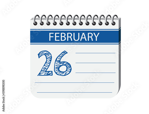 26 february one day notebook appointment calendar vector, place for text. Blue 3d one day appointment calendar illustration. Abstract three dimensional daily date appointment, agenda, event calendar. 