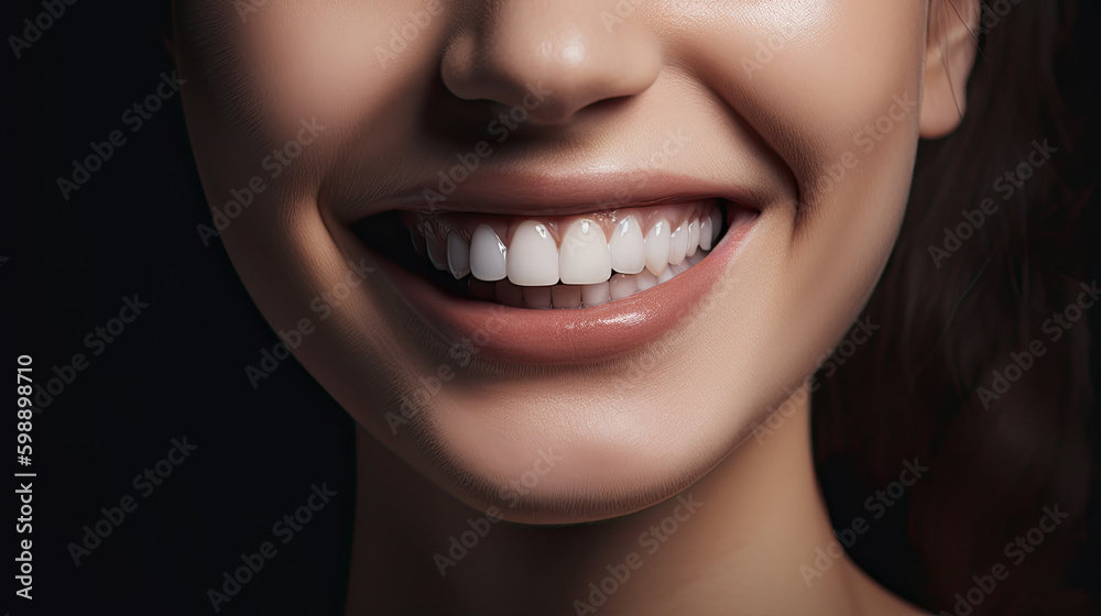 Close-up of woman with perfect teeth. Generative AI Close-up of woman with perfect teeth. Generative AI