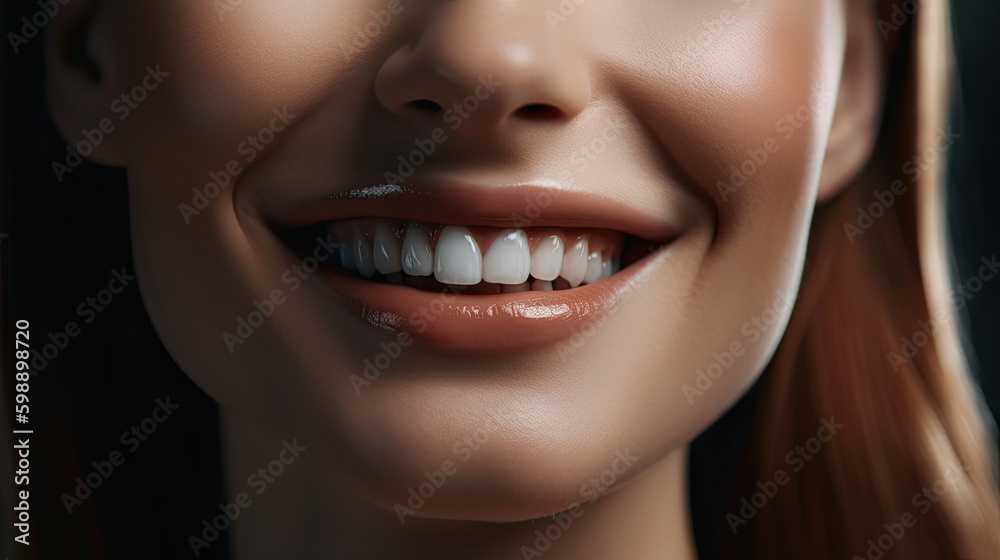 Close-up of woman with perfect teeth. Generative AI Close-up of woman with perfect teeth. Generative AI