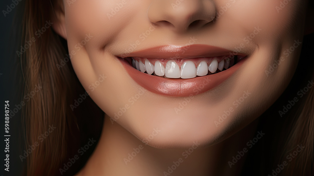 Close-up of woman with perfect teeth. Generative AI Close-up of woman with perfect teeth. Generative AI