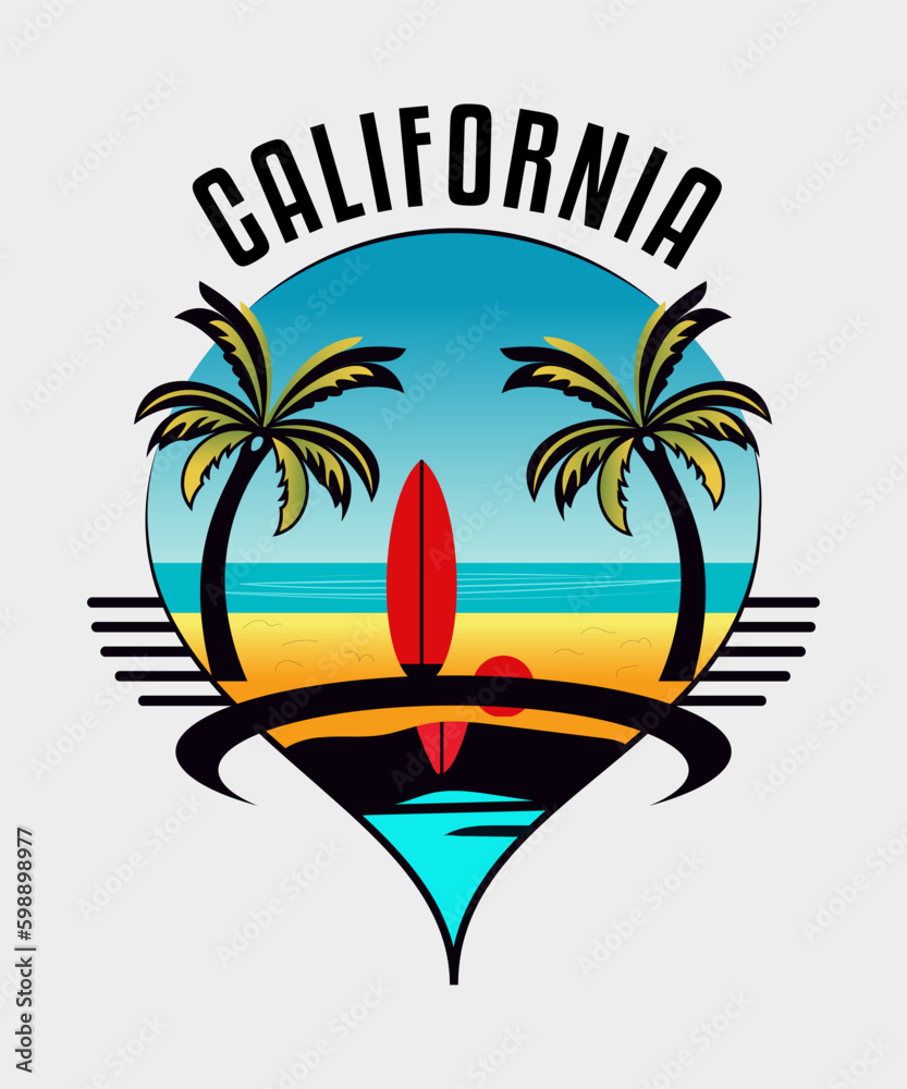 Fototapeta premium Summer t-shirt design, A surfboard with a surfboard and a palm tree on it. 