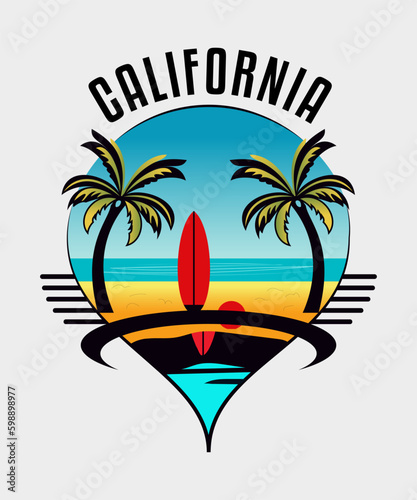 Summer t-shirt design, A surfboard with a surfboard and a palm tree on it.
