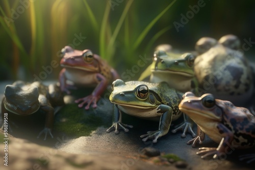 A detailed illustration of a group of amphibians, such as frogs or toads, in their natural habitat, Generative AI