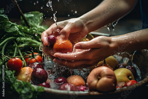 Generative Illustration AI of unrecognizable person's hands washing organic fruits and vegetables with water