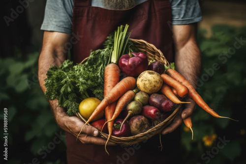 AI Generative Illustration of the hands of an unrecognizable farmer holding a box with organic vegetables and fruits