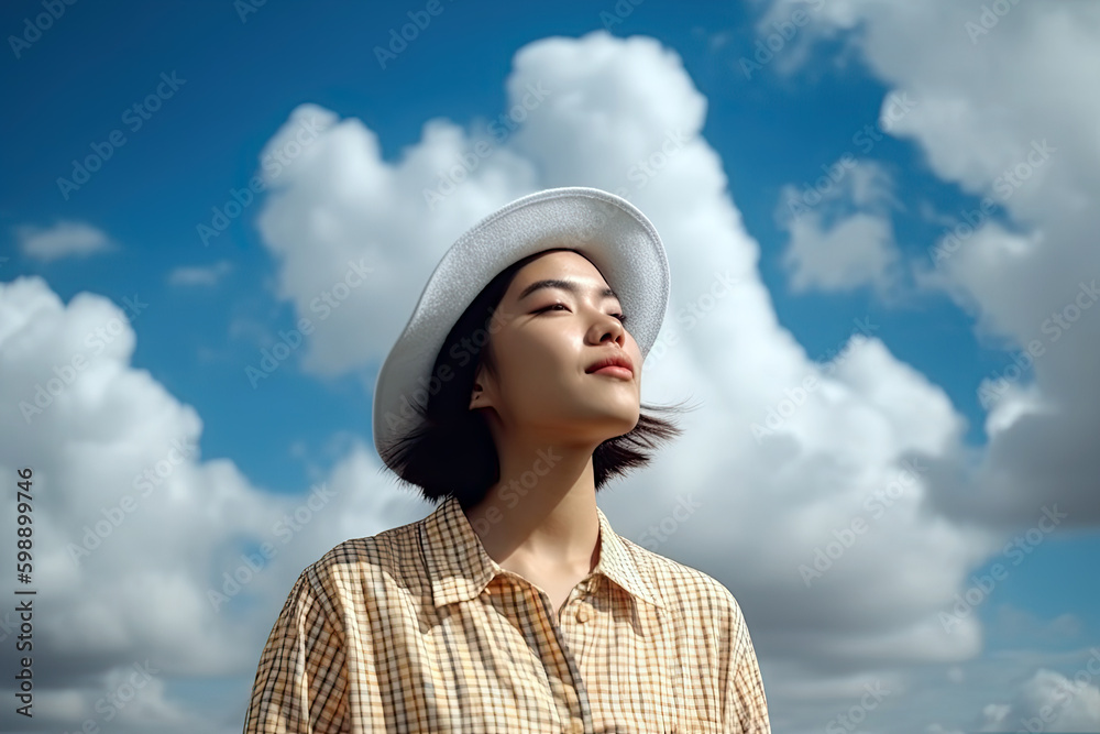 AI Generative Illustration of Asian young woman feeling sun and fresh air on her face with happiness gesture on sunny blue sky background AI Generative Illustration of Asian young woman feeling sun and fresh air on her face with happiness gesture on sunny blue sky background