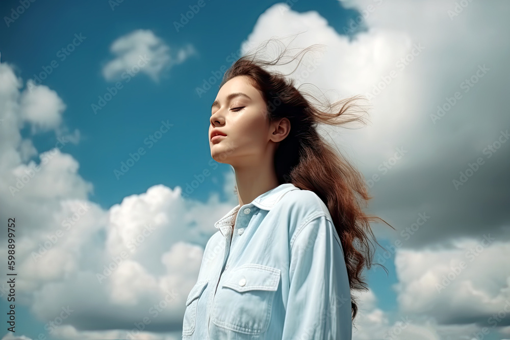 AI Generative Illustration of a young woman feeling the sun and fresh air on her face with happiness gesture on sky background AI Generative Illustration of a young woman feeling the sun and fresh air on her face with happiness gesture on sky background