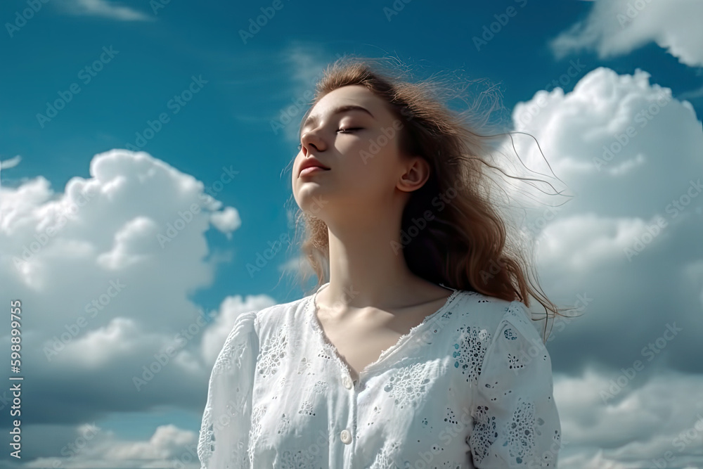 AI Generative Illustration of a young woman feeling the sun and fresh air on her face with happiness gesture on sky background AI Generative Illustration of a young woman feeling the sun and fresh air on her face with happiness gesture on sky background