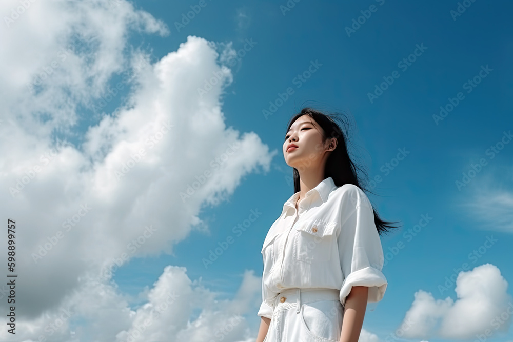 AI Generative Illustration of Asian young woman feeling sun and fresh air on her face with happiness gesture on sunny blue sky background AI Generative Illustration of Asian young woman feeling sun and fresh air on her face with happiness gesture on sunny blue sky background